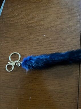 Blue Faux Fur Pom Keychain with Gold Hardware